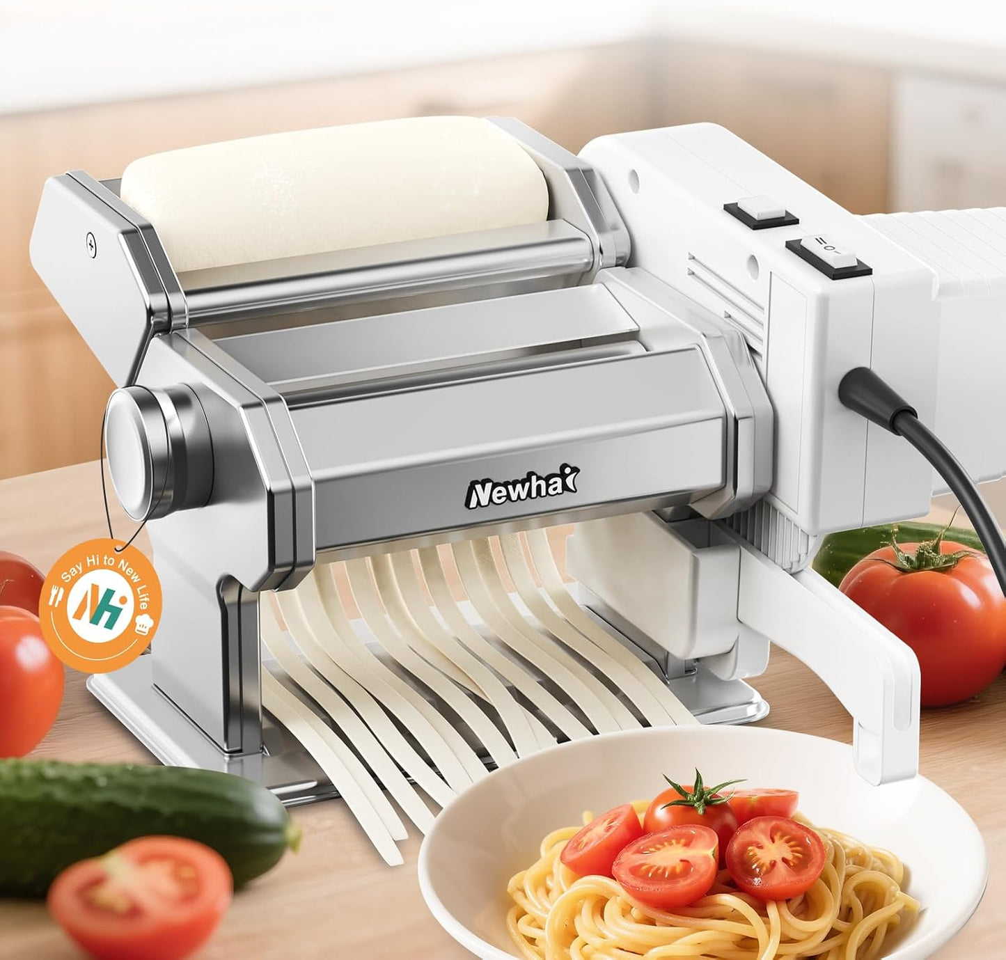 Newhai Electric Pasta Maker QM-1 Ramen Noodle Machine Adjustable Thickness (0.2-0.5mm) Pasta Roller & Cutter 1.5mm Spaghetti 6mm Wide Noodle Manual & Motorized for Home Kitchen Use