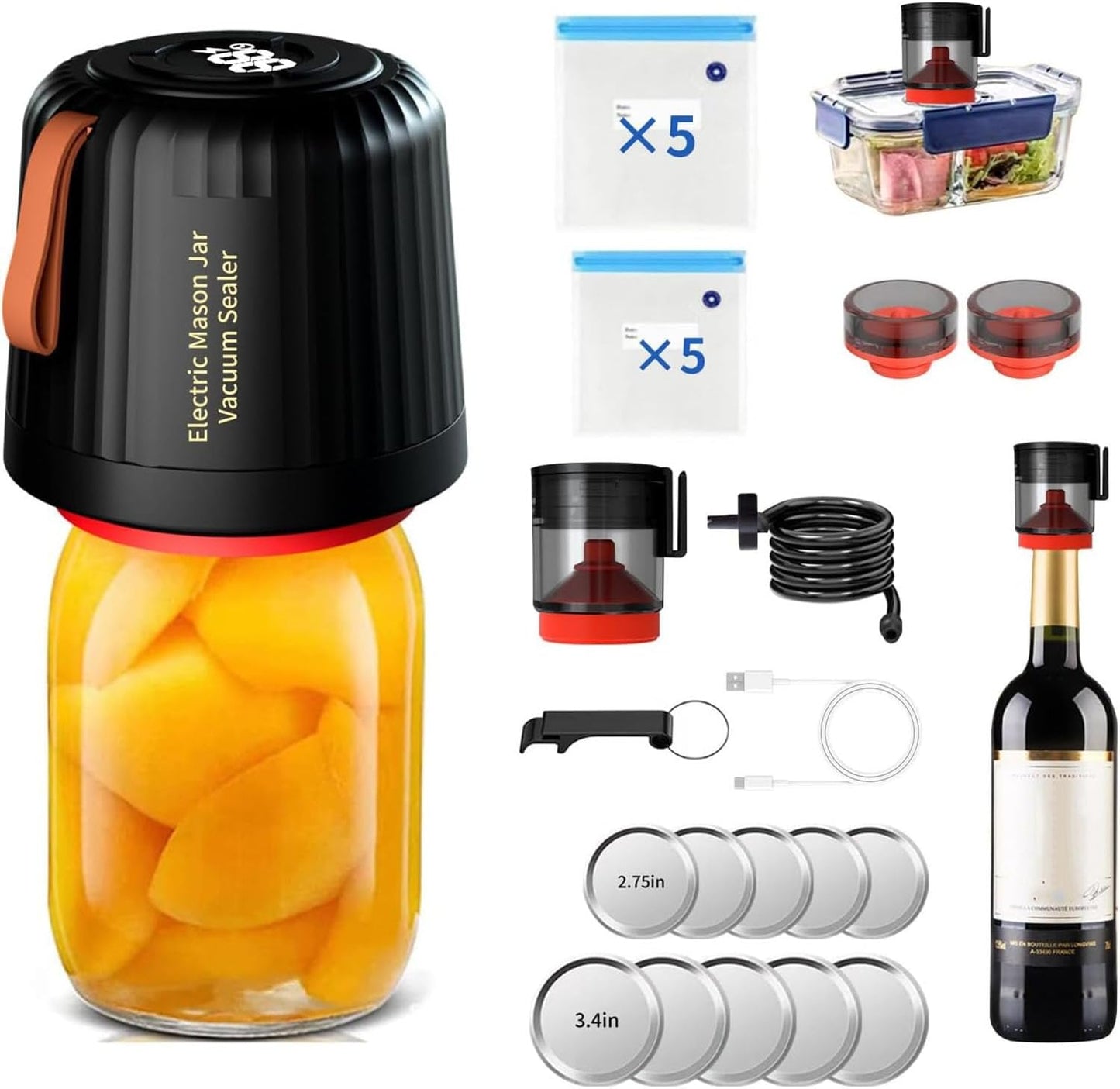 Electric Mason Jar Vacuum Sealer Kit, Automatic Vacuum Jar Sealer Machine, Jars Vacuum Sealing Machine with Retractable Air Extraction Tube and LED Display for Food Saver and Fermentation