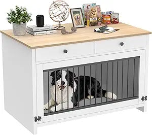 40" Dog Crate Furniture with 2 Large Storage Drawers, Wooden Dog Kennel End Table for Medium & Small Dogs, Decorative Indoor Pet Crate Sideboard with Heavy Duty Metal Bars & Secure Lock, White