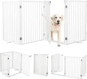 Metal Freestanding Dog Gates with Door,Extra Wide 24", 32" Height Foldable Dog Fence for Indoor & Outdoor, Heavy Duty Freestanding Pet Barrier for Stairs, Doorways, Halls, Kitchen,Yard,Christmas Tree