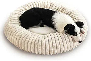 31.5“ Calming Donut Pet Bed, Premium Striped Faux Rabbit Fur Anti-Anxiety for Dog & Cat, Shredded Sponge & PP Cotton Double Filling (Orthopedic Support), Fully Washable, Durable, Waterproof & Non-Slip