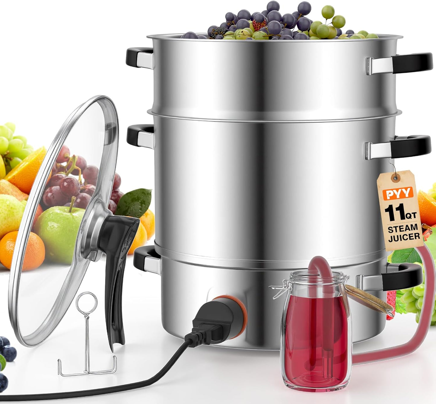 PYY Steam Juice Extractor Electric- 11QT Fruit Vegetables Steam Juicer for Canning, 3-Layer Stainless Steel with Tempered Glass Lid, Hose, Jelly, Syrup, Clamp Steamer Extractor for Making Juice