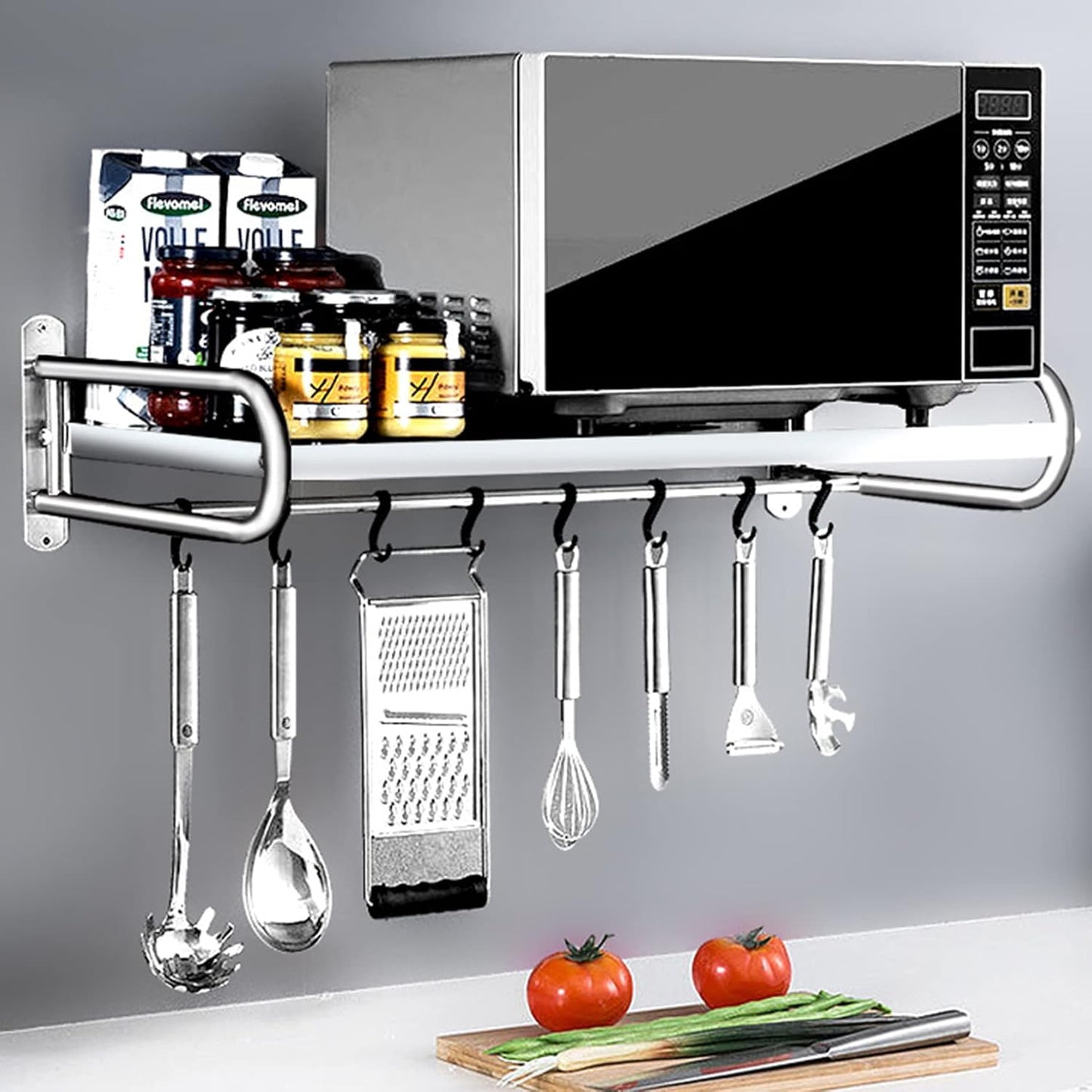 Microwave Oven Rack Kitchen Shelf Wall Mount Microwave Bracket SUS304 Stainless Steel Electric Oven\/Toaster Holder with 8 Hooks Kitchen Utensil Storage Rack Hangers Metal Shelving, Load 50kg\/110Ib
