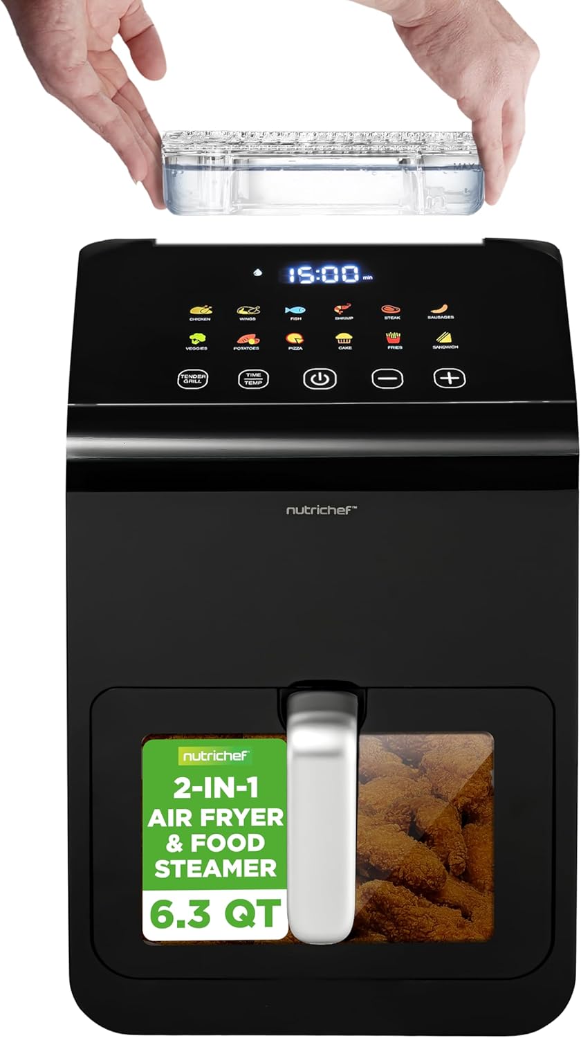 Nutrichef Electric Air Fryer Tenderizer 6.3 Quart | 12-1 Preset Cooking Functions | Includes Tenderizing Function | Digital Display | Transparent Window For Best Cooking Results | Black