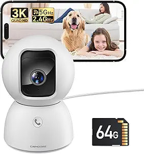 5MP Camera for Home Security, Free 64GB SD Card, Non-Subscription AI Human/Pet/Facial Detection, 3K Dog Cat Pet Camera with Phone APP, 360 Coverage, 2-Way Talk, IR Night Vision, 2.4G 5G Dual Band WiFi