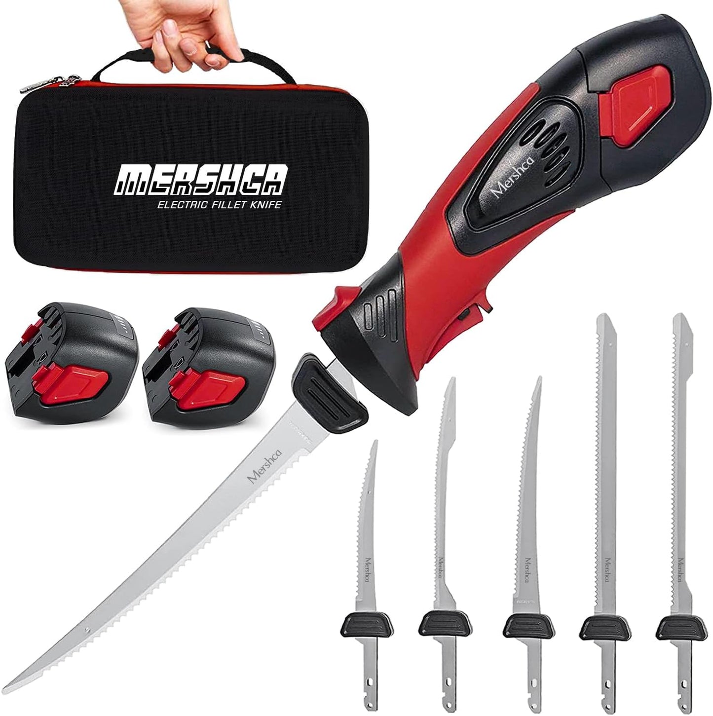 Mershca Cordless Electric Fillet Knife, with 5 Ti-Nitride S.S. Coated Non-Stick Reciprocating Blades & Cooling Hole Non-Slip Grip Handle & Practical handbag, Rechargeable Electric Knife for Fishing