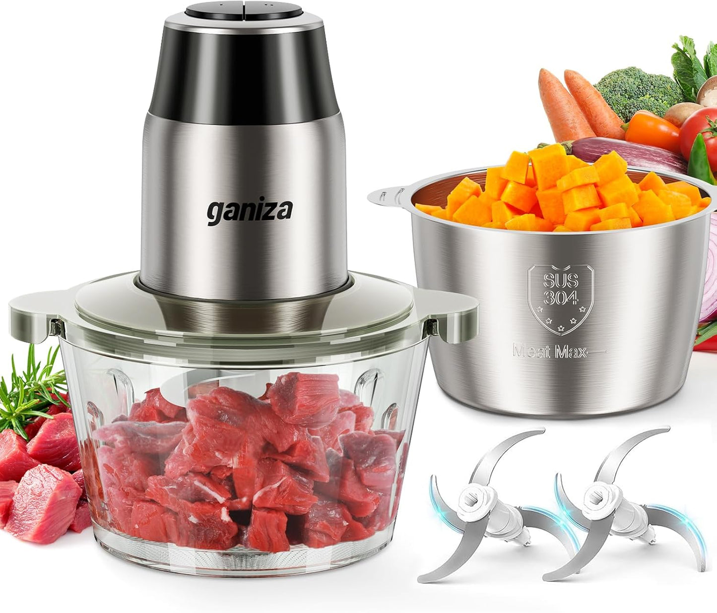 GANIZA Food Processors, Electric Chopper with Meat Grinder & Veggie Chopper - 2 Bowls (8 Cup+8 Cup) with Powerful 450W Copper Motor - Includes 2 Sets of Bi-Level Blades for Baby Food/Meat/Vegetables
