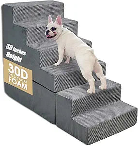 Dog Stairs for Bed 30''H Small Dogs, 6-Step Sturdy Foam Dog Steps for High Bed, Pet Stairs for Older Dogs/Cats/Puppy, Non-Slip Curved Pet Ramp Indoor, Removable Washable Cover, Grey