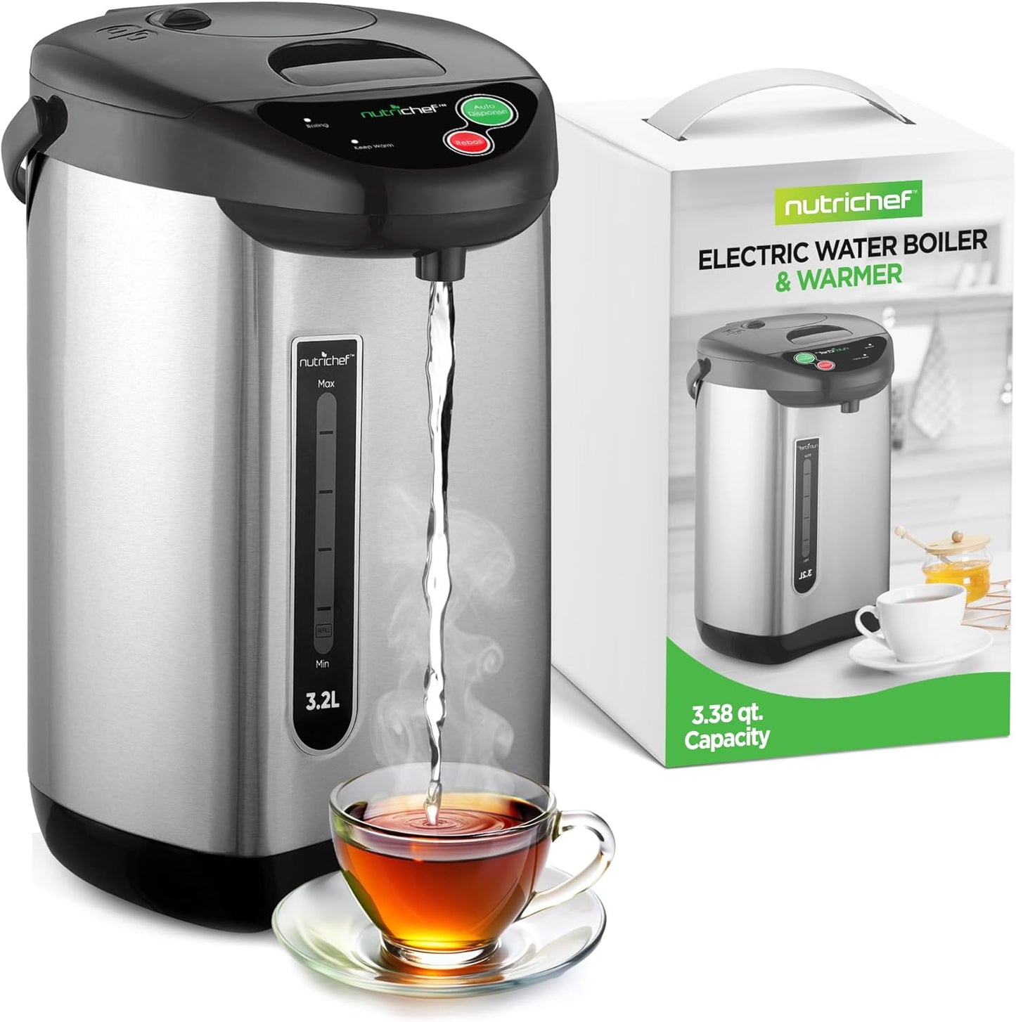 NutriChef Hot Water Urn Pot 3.38 QT, Insulated Stainless Steel Hot Water Dispenser & Boiler, Auto & Manual Dispense, Safety Lock, Electric Kettle