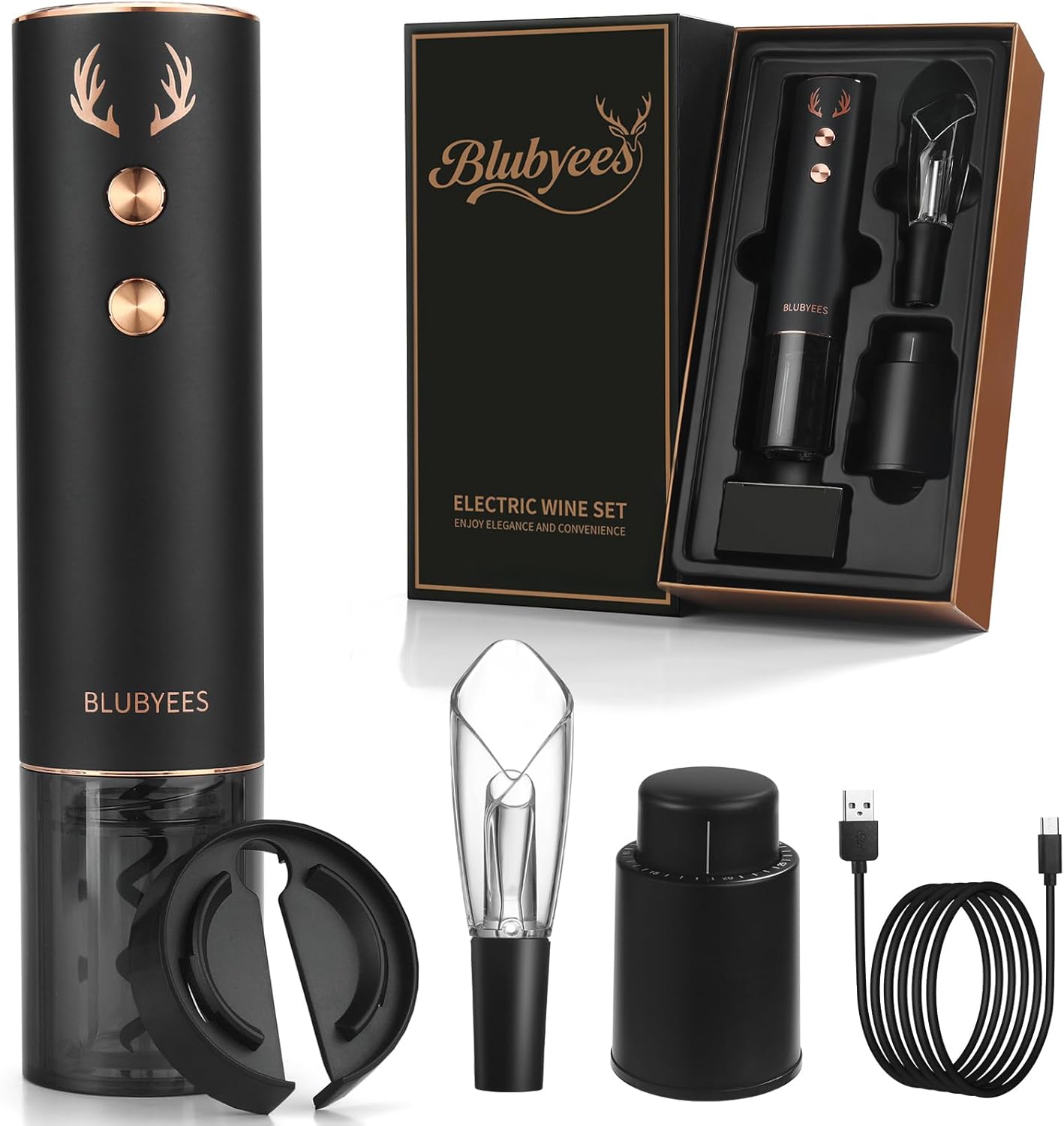 BLUBYEES 4-in-1 Rechargeable Electric Wine Opener Set - Automatic Corkscrew, Foil Cutter, Aerator Pourer, Vacuum Stopper - Wine Lovers Gifts for Women and Men
