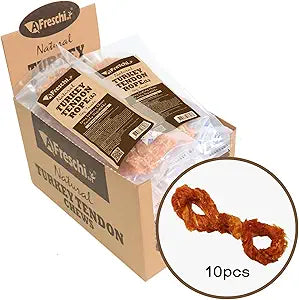 A Freschi srl Turkey Tendons for Dogs, USA-Sourced, Healthy Dog Treats, Rawhide-Free Puppy Chews, Long Lasting, All Natural, Hypoallergenic Dog Treats for Large Breeds, 10 Count Box Rope (L)