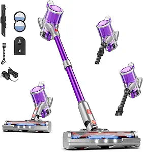 Cordless Vacuum Cleaner, 8 in 1 40Kpa 55Mins,Lightweight Vacuum Cleaners for Home, Stick Vacuum with Anti-Tangle Brush,Wall Mount, Rechargeable Cordless Vacuum for Floor/Sofa/Pet Hair,Purple