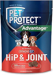Pet Protect Dog Hip & Joint Supplement for Occasional Joint Stiffness, Vet-Formulated Synovi G3, Dog Glucosamine, Chicken-Flavored Soft Chews (120 Count)
