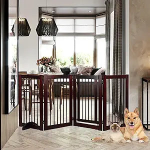 Wooden Freestanding Pet Gate, Pet Gate for Dogs, 29.5inch 4-Panel Wooden Dog Fence with 2 Support, Feet Folding Dog Gate for Indoor, Doorway, Stairs, Kitchen, 81.5“L×30â€H (Brown)