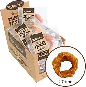 A Freschi srl Turkey Tendons for Dogs, USA-Sourced, Healthy Dog Treats, Rawhide-Free Puppy Chews, Long Lasting, All Natural, Hypoallergenic Dog Treats for Medium Breeds, 20 Count Box Ring (M)