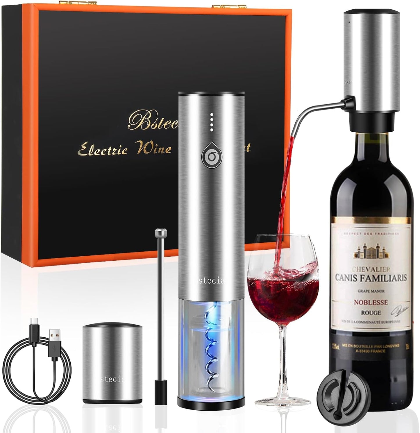 Electric Wine Bottle Opener Set, with Luxurious Wooden Gift Box, 2-in-1 Electric Decanter Wine Aerator & Dispenser, Vacuum Stopper, Foil Cutter, Automatic Wine Opener for Wine Lovers Home Bar