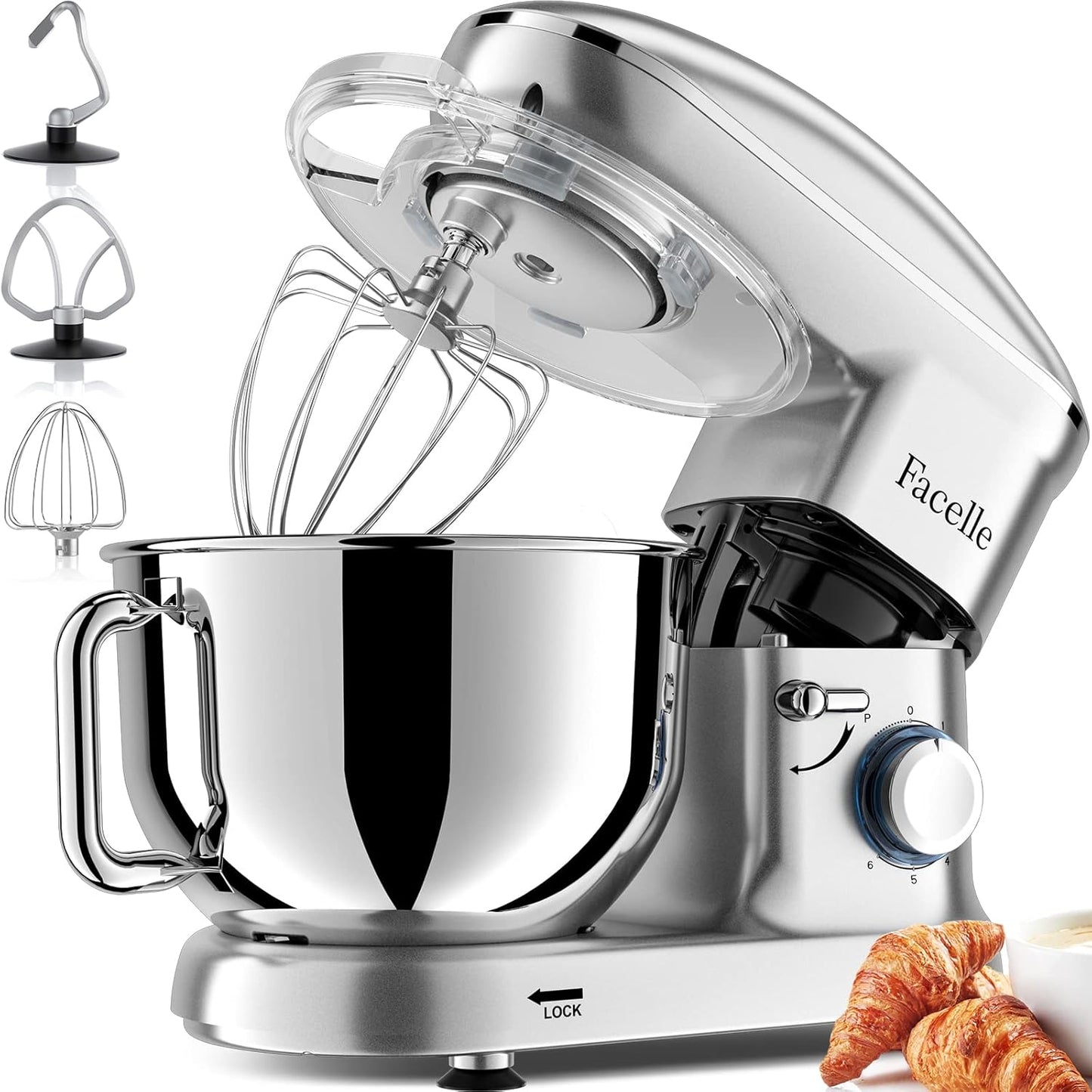 Facelle Stand Mixer, Electric Kitchen Mixer, 660W 6 Speed Tilt-Head stand mixer with Pulse, Attachments include 6.5QT Bowl, Dishwasher Safe Beater,Dough Hook,Whisk for Dough,Baking,Cakes,Cookie-Silver