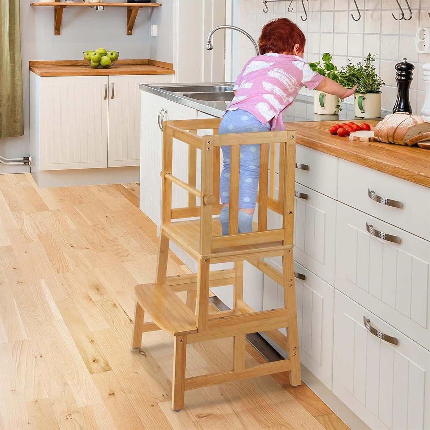 COSYLAND Kids Kitchen Step Stool,Toddler Standing Tower with CPC Certification, Removable Anti-Drop Railing Safety Rail Enjoys Unique Patented Design A Anti-tip Structure More Stable, Natural Bamboo