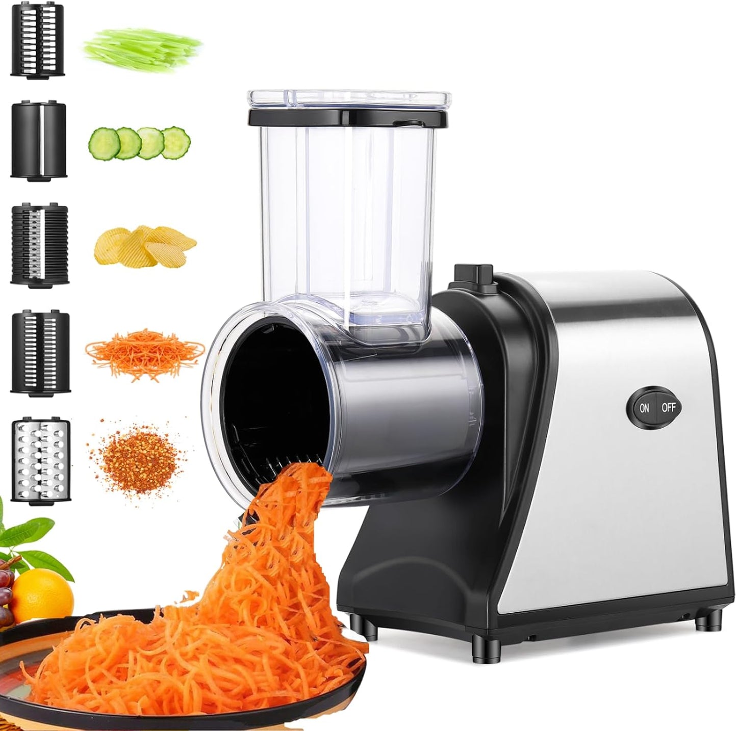 Electric Meat Grinder, Grater Salad Maker 250W Electric Slicer Cheese Grater/shredder with 5 Free Attachments Electric Salad Machine Extra Large Feed Port Upgraded