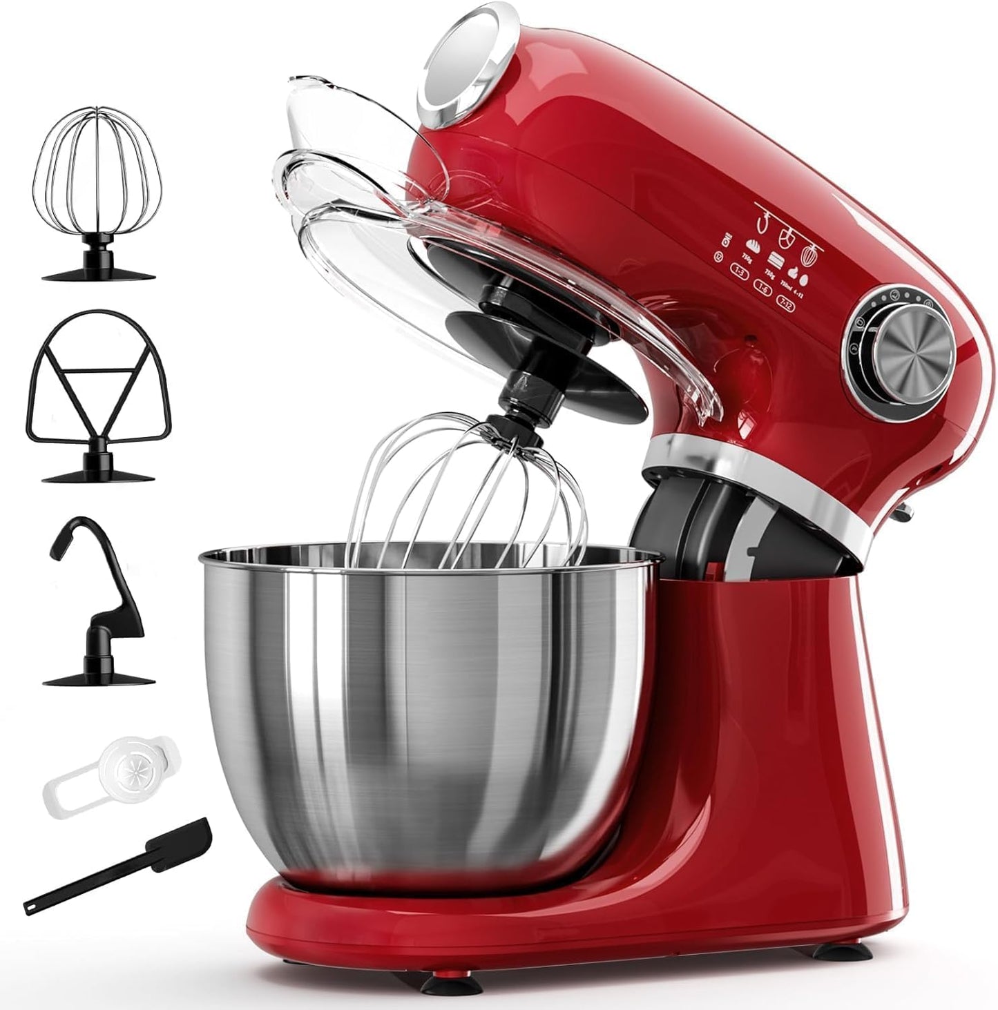 Kismile 5.5QT Tilt-Head Stand Mixer, 12-Speed Electric Kitchen Mixer with 304 Stainless Steel Bowl - Includes Dough Hook, Whisk, Beater for Baking Bread, Cakes, Cookies(Bright Red)