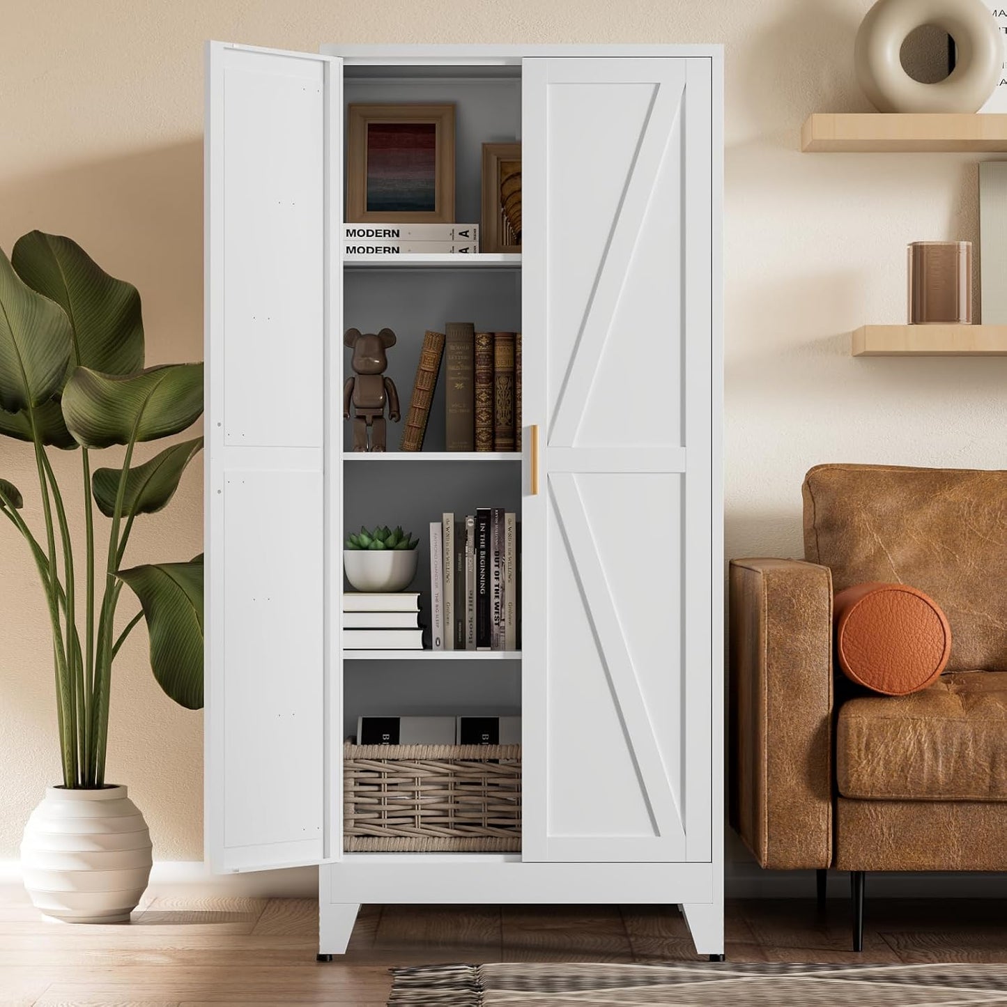 COFaR White Farmhouse Storage Kitchen Pantry Cabinet with 2 Barn Door, 3 Adjustable Shelves and Legs, for Cupboard\/Dining Room\/Bathroom\/Living Room\/Office\/Laundry Room (White, 61" Farmhouse)