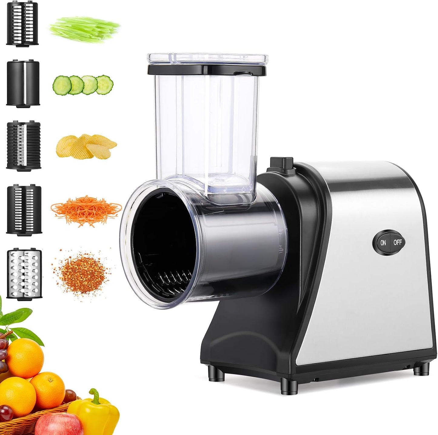 Electric Cheese Grater, 250W Electric Slicer Shredder with 5 Different Shapes of Blades, Electric Salad Maker for Home Kitchen Use, Electric Cheese Grater for Block Cheese, Fruits, Vegetables