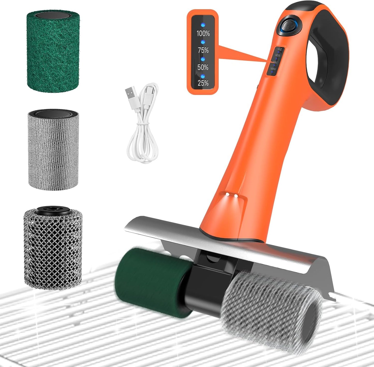 Hillyfe Grill Brush for Outdoor,Cordless Rechargeable Grill Brush with 3 Brush Heads, Grill Electric Cleaning Brushes Without Bristles, LED Light, Grill Scraper, Grilling Gifts for Men,Orange