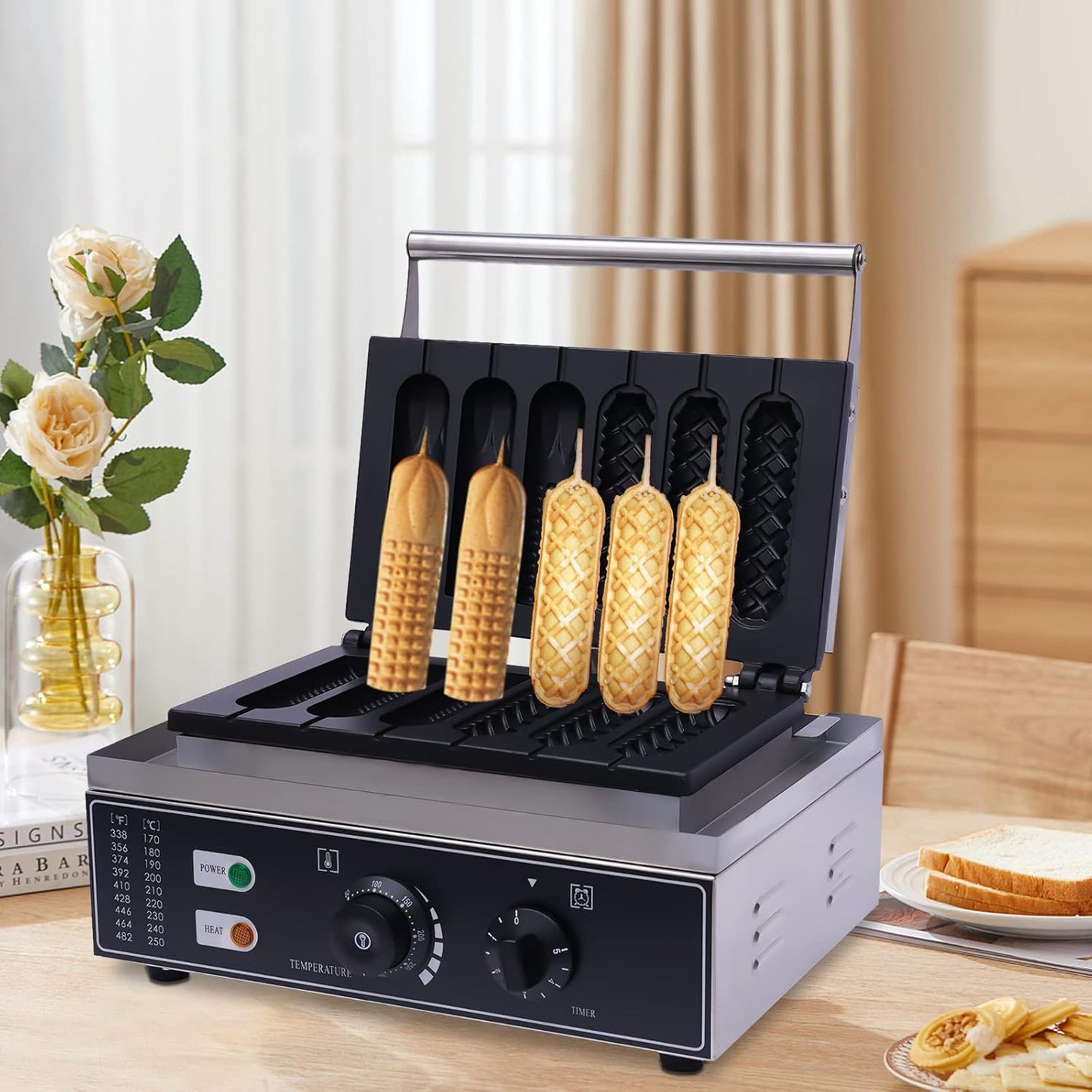Hotdog Waffle Maker Machine Electric Corn Dog Maker 6 Slice 2 Patterns Non-Stick Stainless Steel Waffle Baker Machine