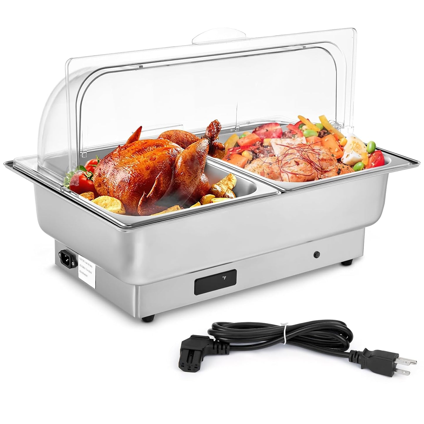 Electric Chafing Dish Buffet Set, 9 QT Roll Top Stainless Steel Chafer with Temperature Control & Transparent Lid Chafing Server Set, Food Warmers for Parties