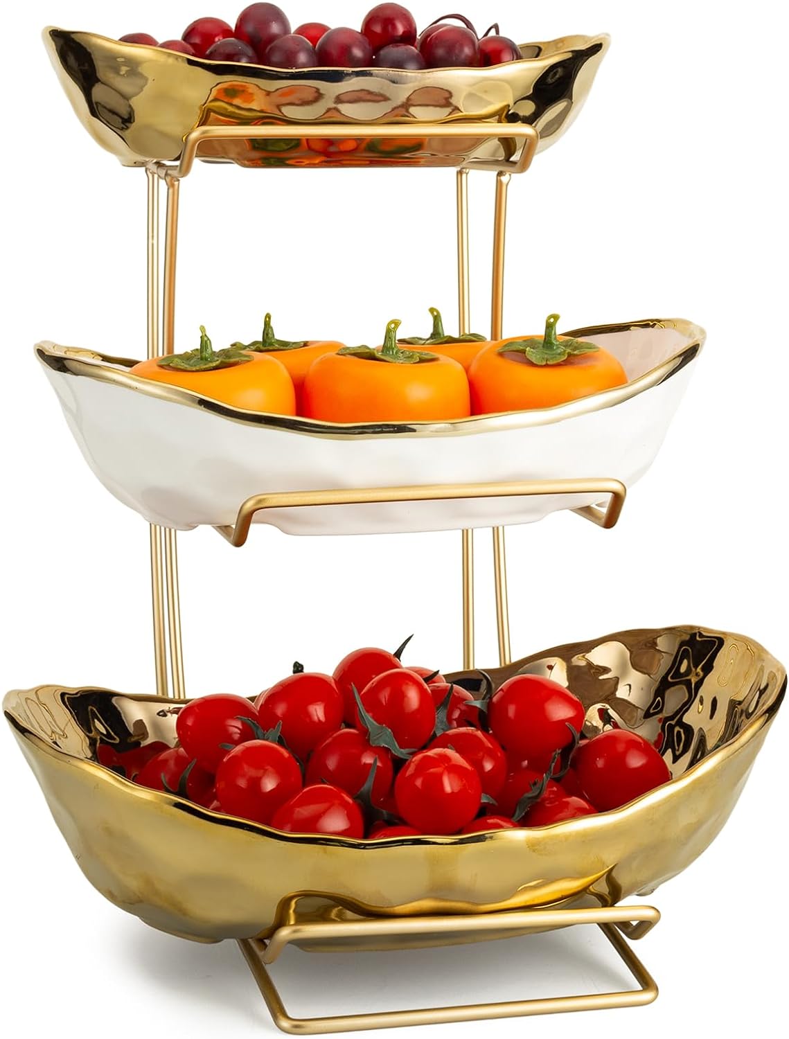 YYW 3 Tier Fruit Bowl for Kitchen Counter, White Gold Ceramic Fruit Stand for Countertop, Home Fruit Rack with Holder, Vegetable Bowl Snacks Nuts Bread Candy Storage (Gold)