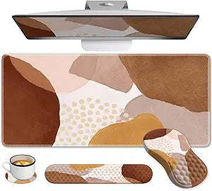 Large Mouse Pad with Wrist Rest and Keyboard Pad, Desk Pad Mat Set, 4PCS Carpal Tunnel Boho Mousepad with Wrist Support Combo, XXL Computer Office Desk Matt for Desktop Laptop, Brown Coffee