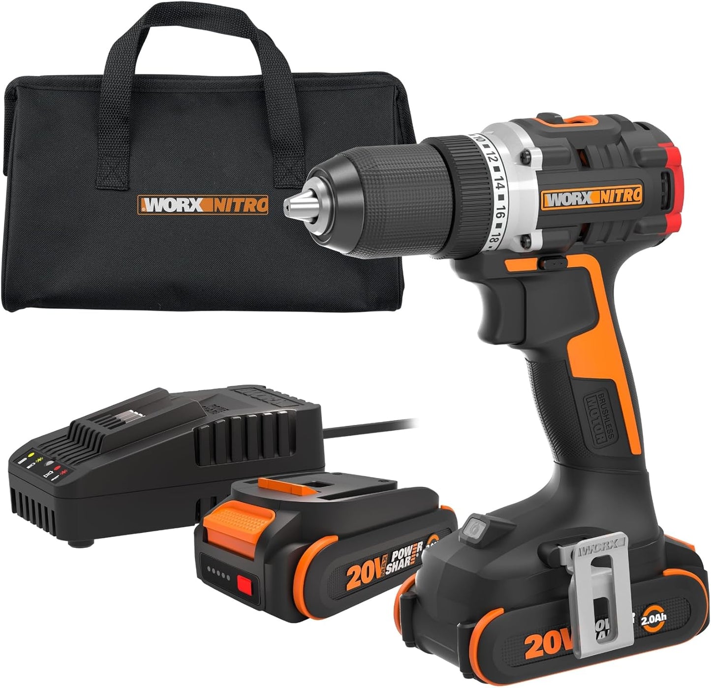 Worx Nitro 20V Cordless 1\/2" Drill Driver With Brushless Motor - Compact & Lightweight Set Only 6" and 3 lbs. - Power Share Compatible WX130L - Batteries & Charger Included