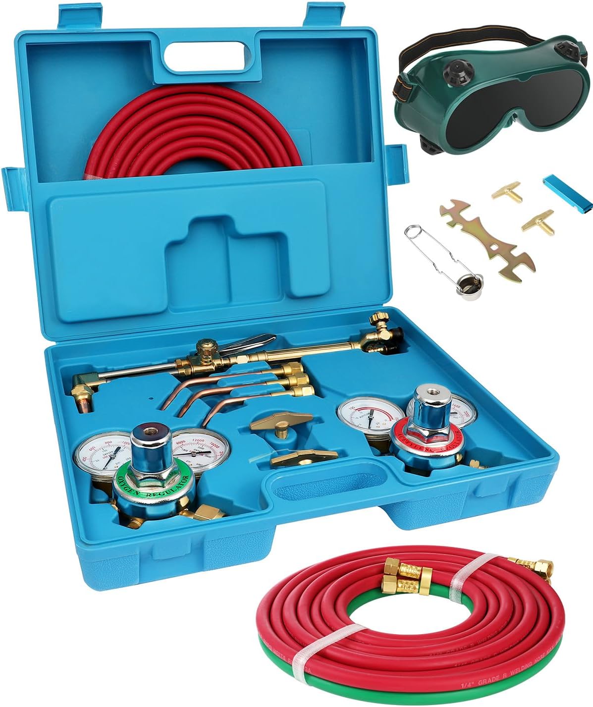 Oxy Acetylene Torch Kit, Oxygen Cutting Kits, Welding Torch Set, Portable Professional Brazing Tool Set, Cutting Torch Kit, Oxyacetylene Welding with Regulator Gauges Goggles Two Hose, Blue Case