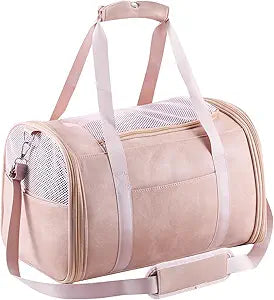 Fashion Leather Dog Carrier Cat Carrier Airline Approved Pet Carrier for Small Medium Dogs Cats Under 15Lbs, Collapsible Soft Sided Travel Puppy Carrier Pink