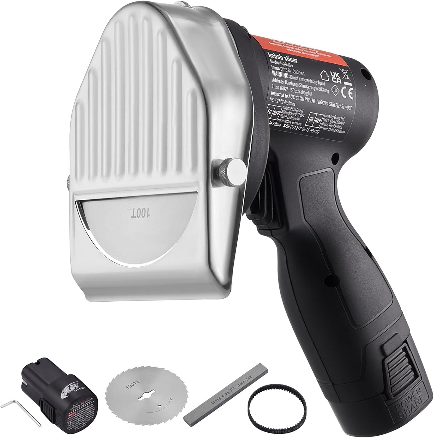 VEVOR Electric Shawarma Knife, Cordless Battery Professional Turkish Knife, Commercial Stainless Steel Gyro Cutter, Doner Kebab Meat Slicer with 2 Blades, Φ4\/100mm, 0-8mm Adjustable Thickness