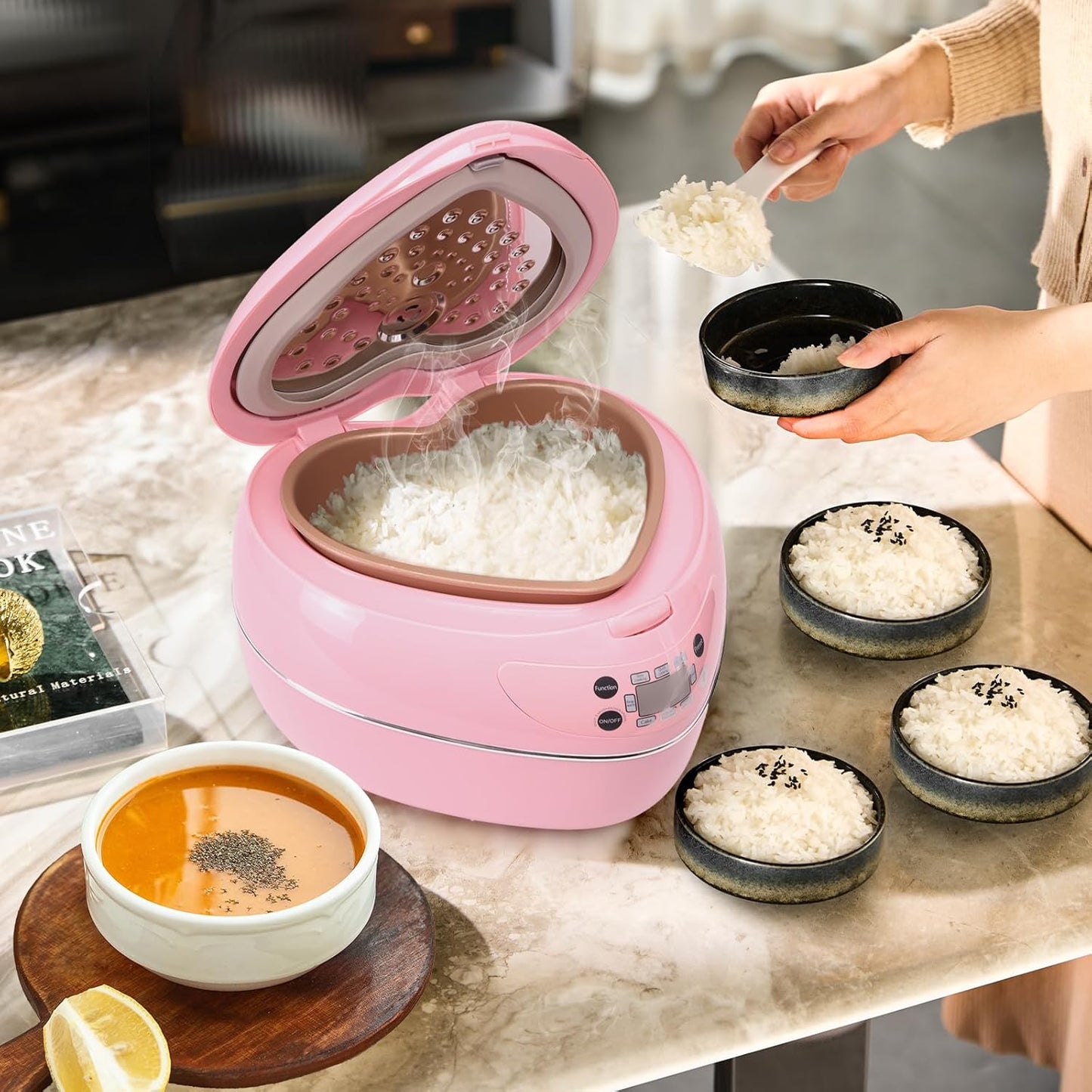 Heart Shaped Pink Rice Cooker, Small Multifunctional Peach Heart Shape 300W High Power, Preset Timer, Automatic Heat Preservation, Cute Rice Cooker for New Year, Valentine's Day Gifts (1.8L, 4Cups)