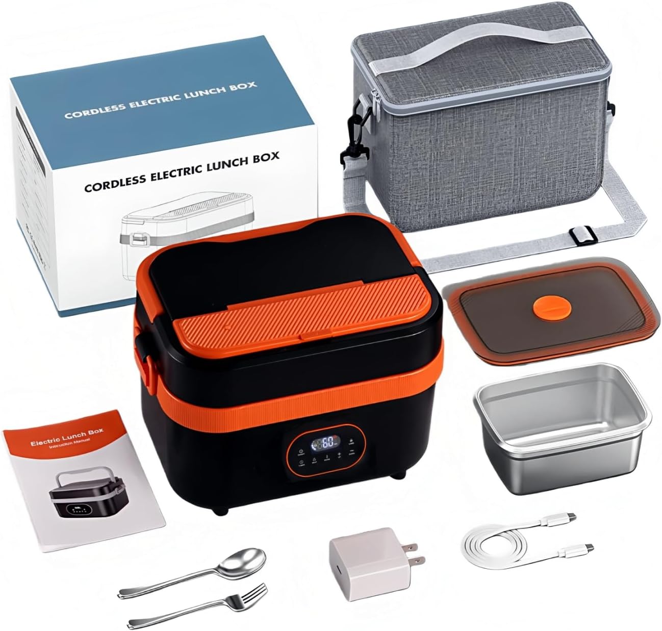 1.5L Cordless Electric Lunch Box, Rechargeable 18000mAh Battery Powered Portable Food Warmer, Auto Temperature Control,Self Heating Portable Lunch Box