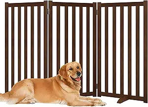 Wire Dog Gate Solid Wood Frame, 36" Height, Anti-Chewing Pet Gate Indoor Freestanding Indoor Foldable Dog Fences for Stairs, House, Doorway Extra Wide, 3-Panel, 60" Wide, Walnut