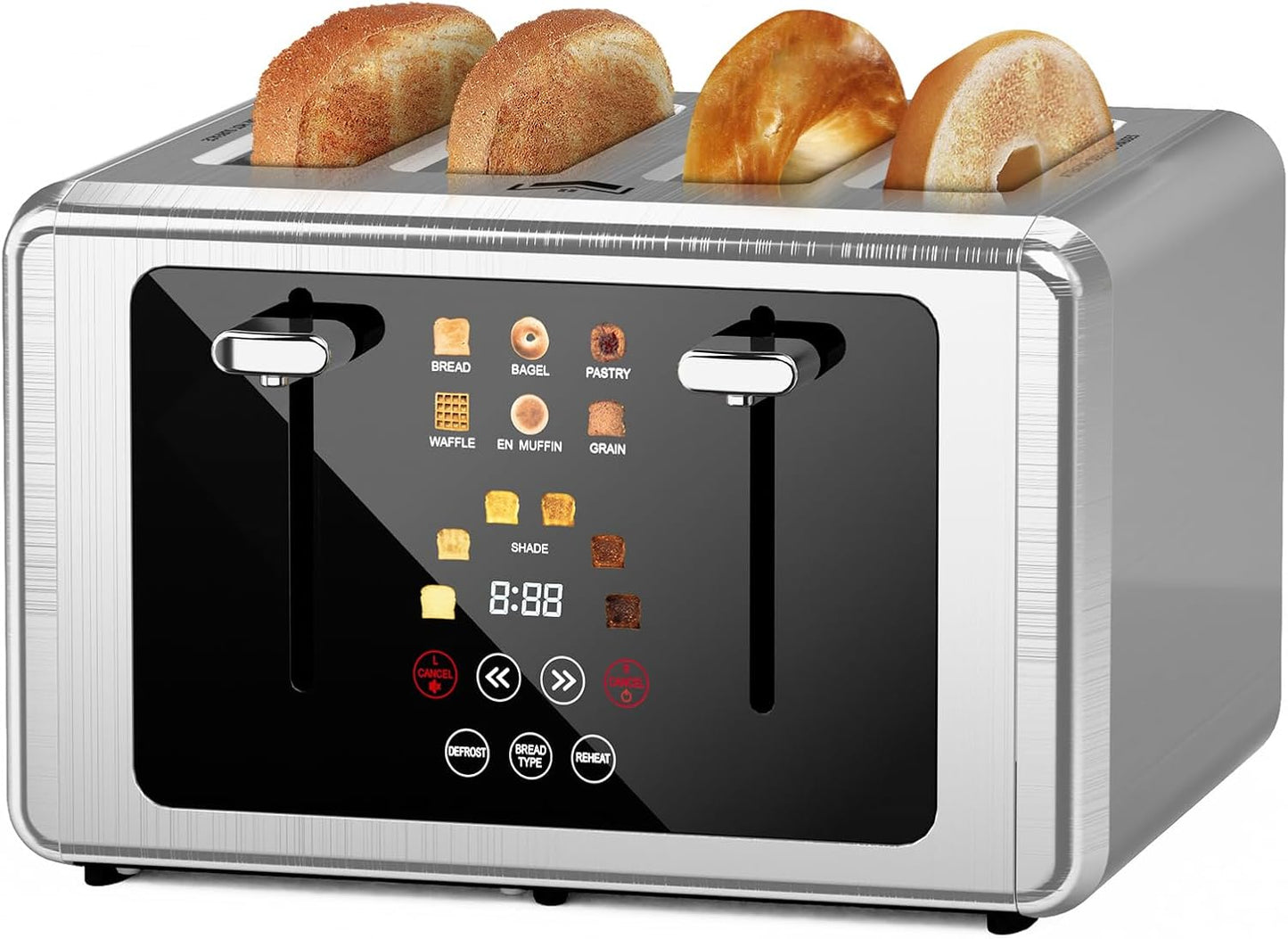 WUNLY 4 Slice Toaster, Touchscreen & Dual Independent Control Panel,5 Basic Functions & Digital Countdown Toasters, 6 Shade Settings&6 Bread Types, Smart Bread Maker Mute\/Screen-Off,Platinum