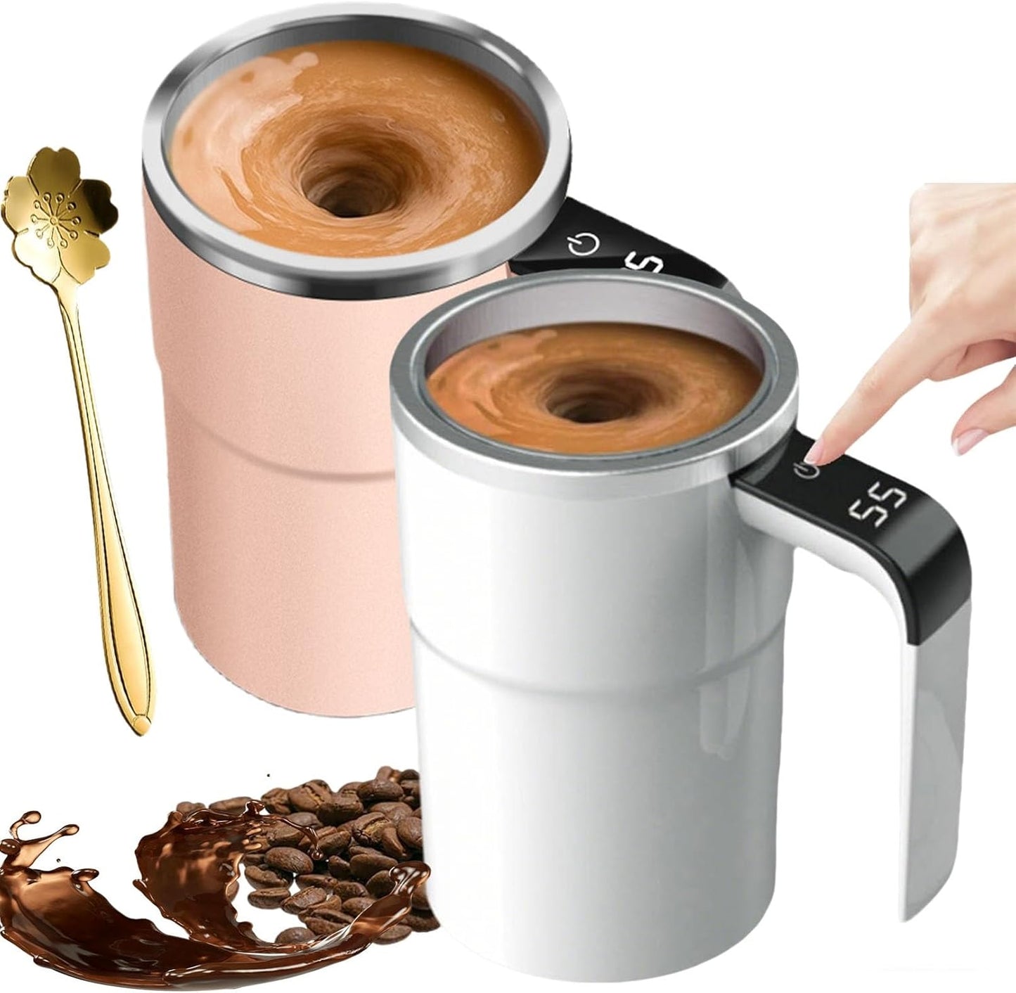 Electric Coffee Mug with a Built-in LCD Thermometer, Automatic Magnetic Stirring Coffee Mug, 380ML\/13OZ, Stainless Steel Self Stirring Cup with Lid, Perfect for Brewing Coffe-e, Milk, Cocoa (Mix c)