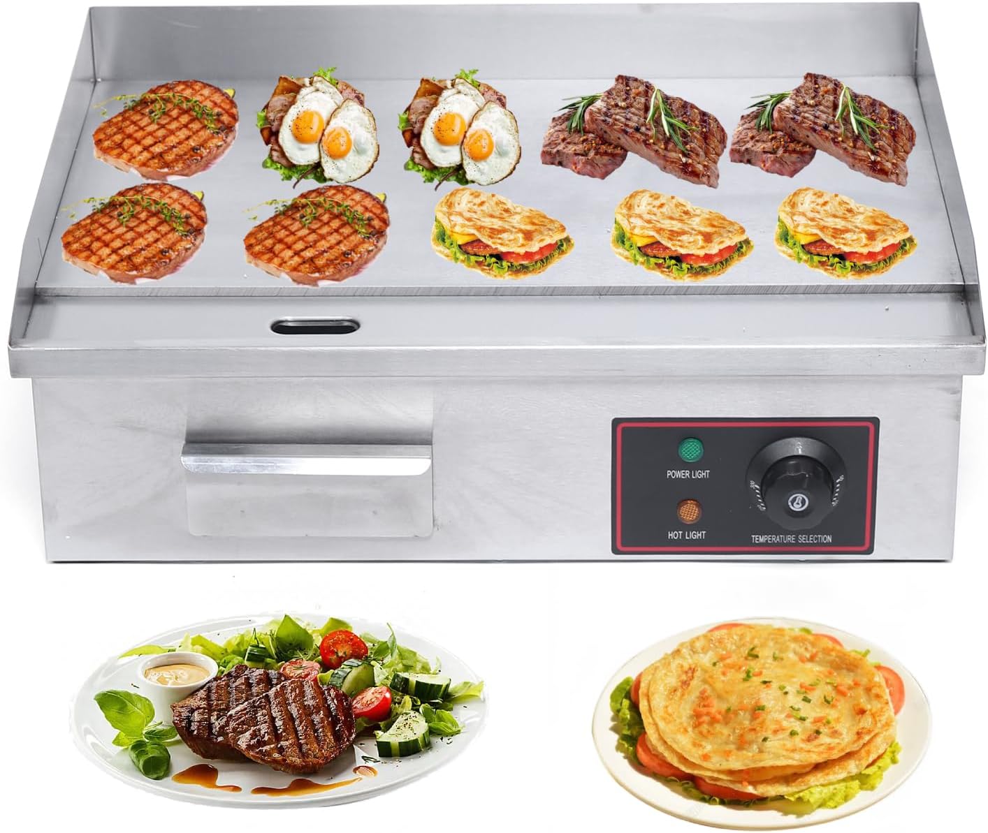 Commercial Electric Griddle, 110V 3000W Non-Stick Restaurant Teppanyaki Flat Top Grill, 50-300℃ Adjustable Temperature Control Electric Countertop Griddle