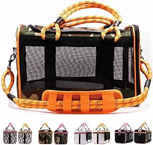 Buddy's Best Airline Approved Pet Carrier – Army Camo & Orange for Dog or Cat, Fits Under Seat, TSA Compliant, Ventilated Mesh Design w/Waterproof Base & Reflective Strips