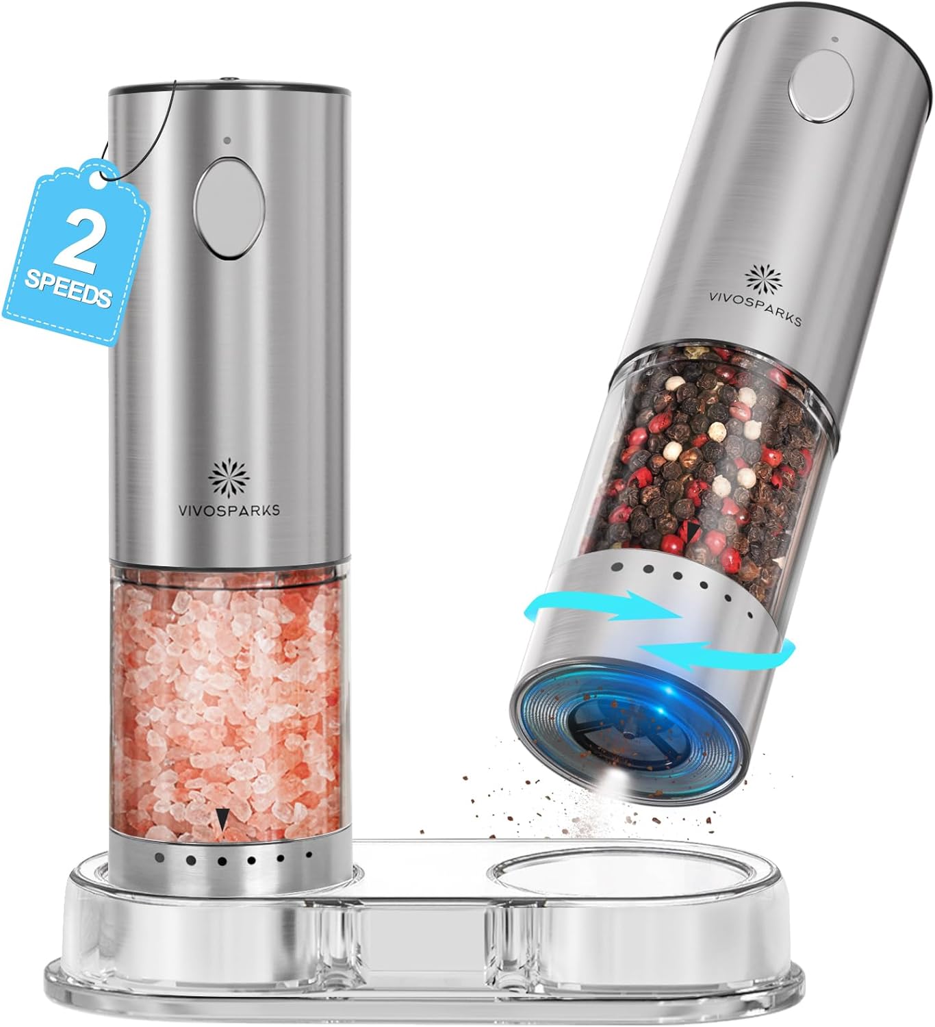 Vivosparks Electric Salt and Pepper Grinder Set - Upgraded 2-Speed Rechargeable Mills with 6-Level External Adjustable Coarseness, Stainless Steel, One-Hand Use, Storage Base