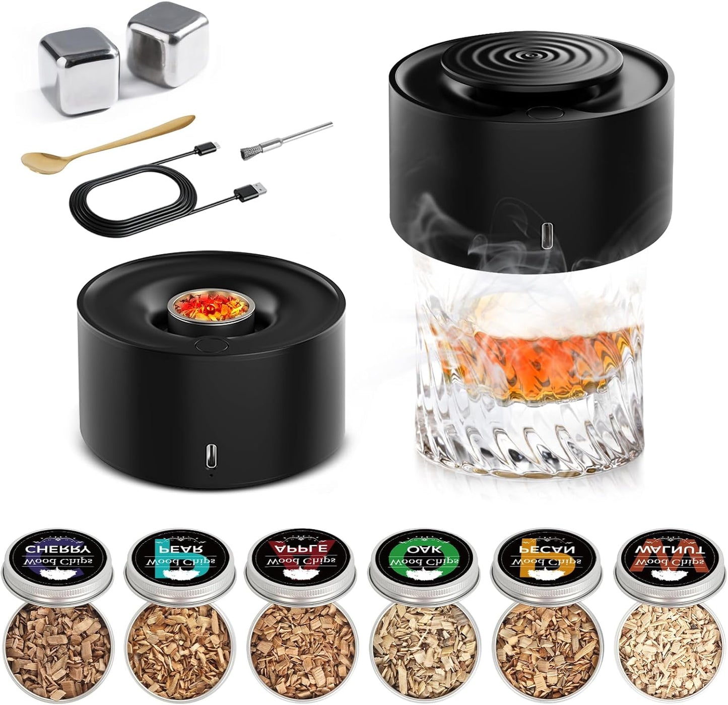 Electric Whiskey Smoker Kit, Rechargeable Built-in Lighter & LED Light, No Butane Needed, 6 Flavored Wood Chips for Old Fashioned Smoker Kit, Bourbon, Cocktail Holiday Tech Gifts for Men Dad Husband