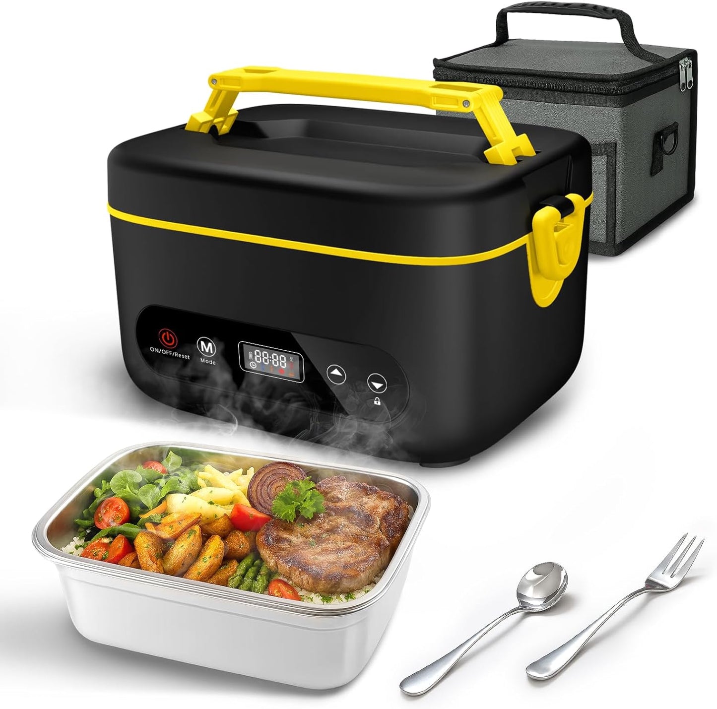 Cordless Electric Lunch Box,24000mAh Heated Lunch Box Battery Powered with Automatic Heating, 5Cups Portable Food Warmer,Multi-Mode Automatic Heating with an Insulated Bag and Utensils (Black)