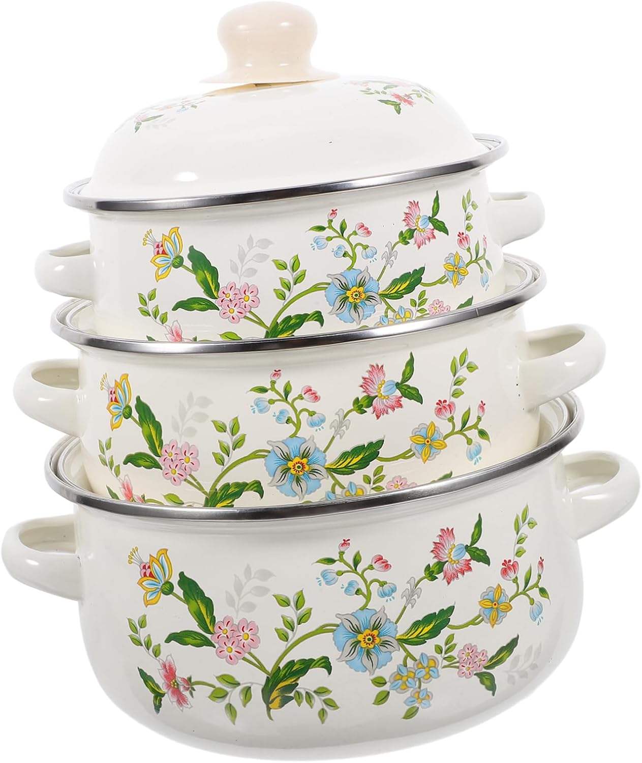 3pcs Enamel Soup Pot Set Flat Bottom Cooking Pots Double Handles for Induction and Electric Stoves Lightweight and Heat-resistant Kitchenware