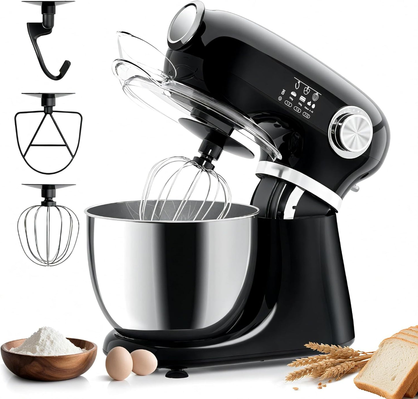HAVATO Stand Mixer,12 Speed Tilt-Head Electric Mixer With 5.3 Quart Stainless Steel Mixing Bowl,Kitchen Mixer With Egg Whisk, Dough Hook, Beater & Baking Spatula, BLACK