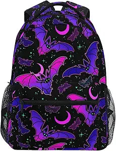 MNSRUU Student School Bag Purple Bat Gothic Backpack for Girls Boys College Bookbag Laptop Rucksack Travel Backpack for Adult Teen Casual Daypack