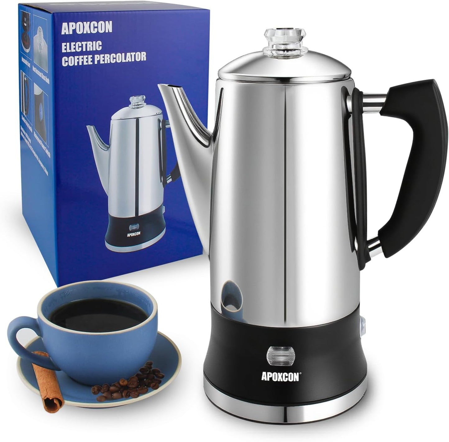 APOXCON Electric Coffee Percolator Stainless Steel Coffee Maker with Clear Brew Progress Tough Glass Knob and On\/OFF Switch Classic Coffee Pot with Keep Warm & Cordless Serve No Aluminum (12 Cup)