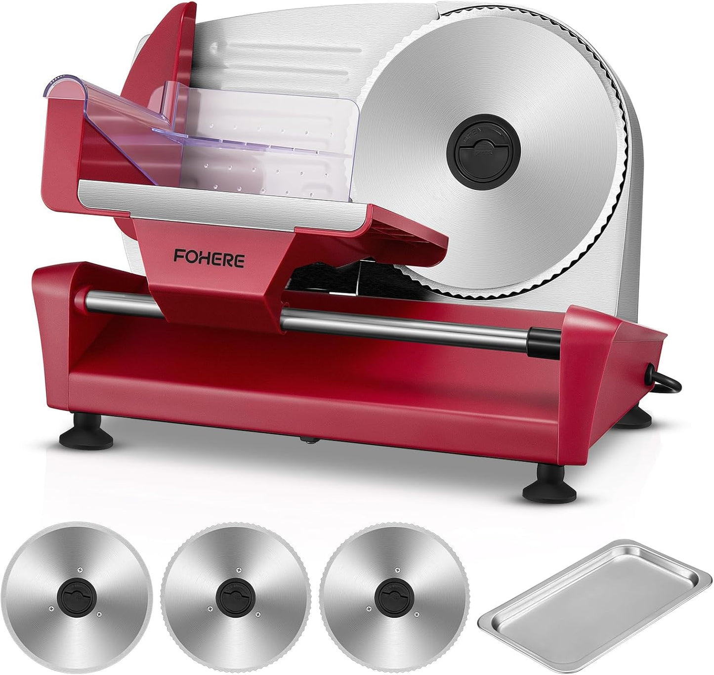FOHERE 250W Meat Slicer Machine for Home, Electric Food Slicer with Stainless Steel Tray & Three 7.5" Stainless Steel Blade, 0-15mm Precise Thickness Deli Meat Slicer for Bread Fruit Vegetable (Red)